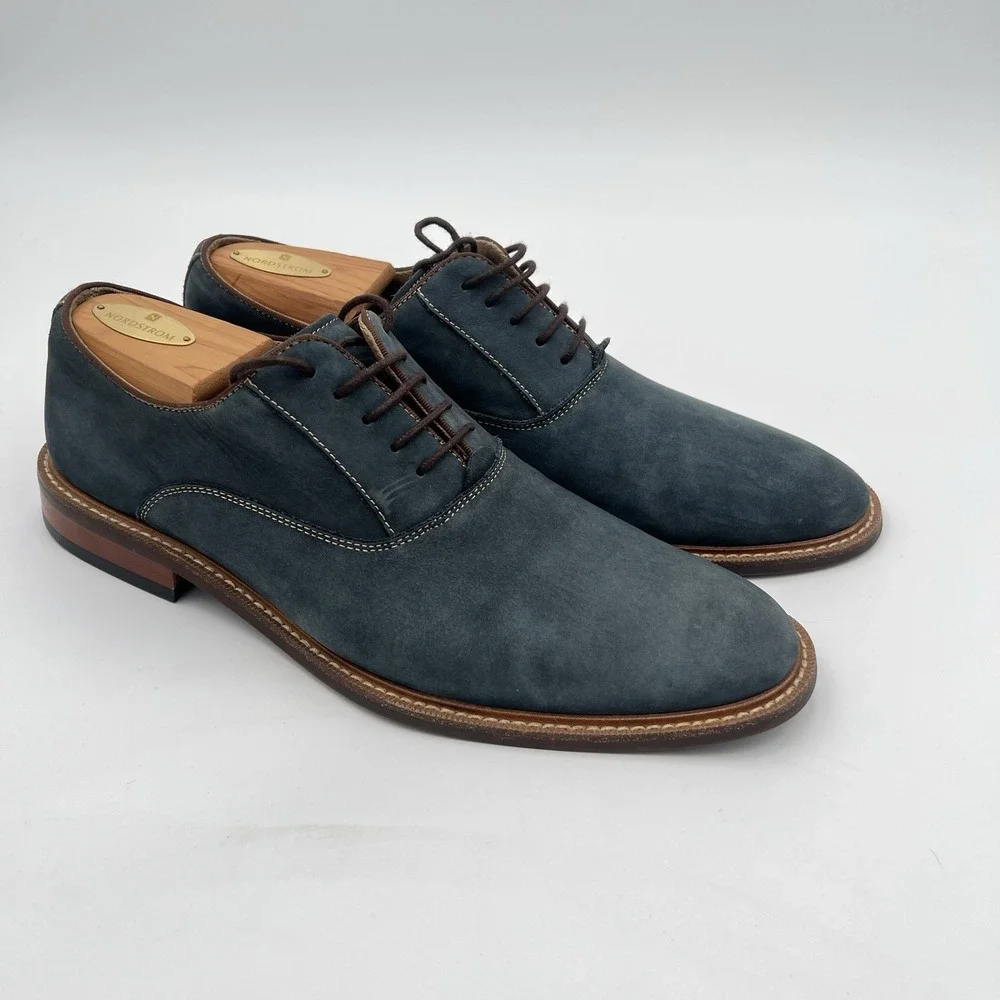 Aston Grey LEU Oxford Dress Shoes Men's 8 Navy Blue Genuine Leather Lace-Up